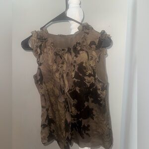 Elie Tahari | Brown Gold Floral Ruffle Sheath Blouse Top | Women’s Small | EUC
